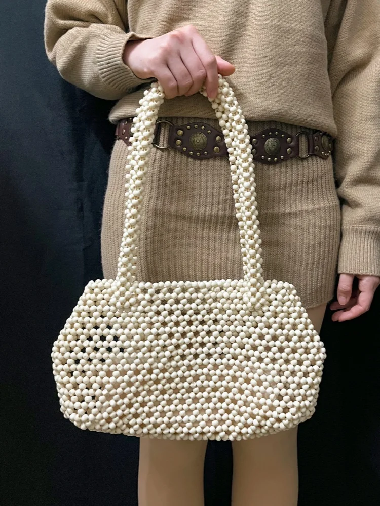 Beaded Wooden Bead French Style Hollow Out Bag Casual Travel Woven Ladies Portable Tote Bag Vacation Beach Handbag
