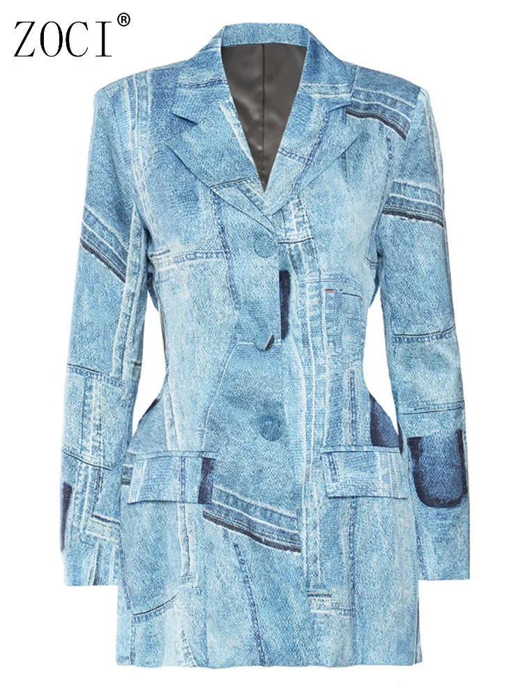 

ZOCI Denim Printed Women's Blazers Expose Waist Suit Jackets Unique Design Female Coats Long Sleeve Sexy Tops 2025 Spring New