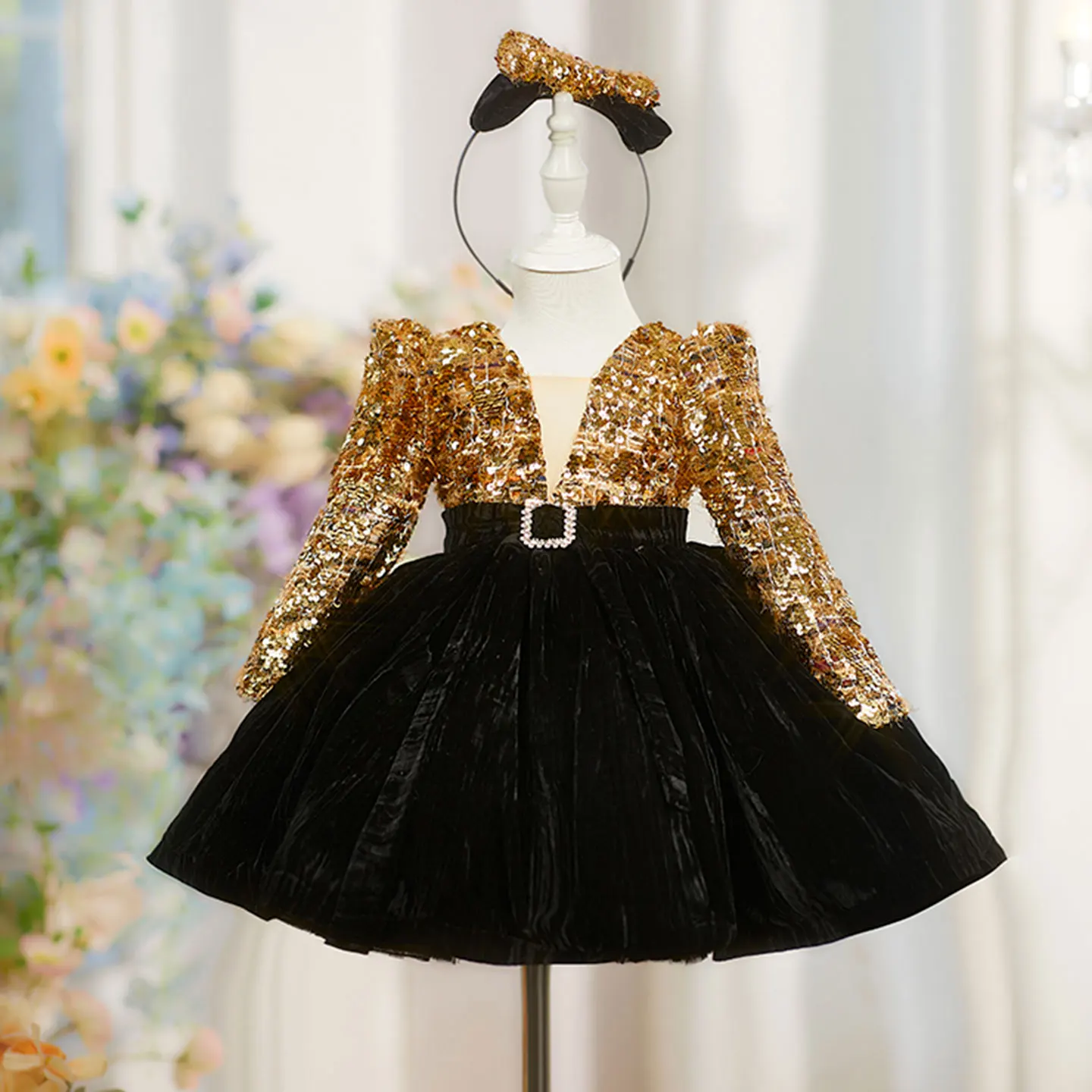 

Dreamy Vow D230, золотое платье с цветочным узором для девочек, детское платье принцессы длиной до колена с длинными рукавами для свадьбы, дня рождения, фестиваля, вечеринки, театрализованного представления