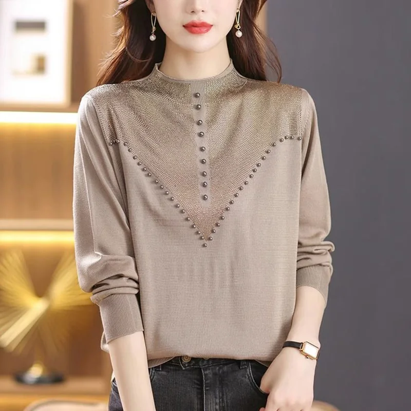 Elegant Solid Color Spliced Diamonds Beading Blouse Women's Clothing 2023 Autumn New Casual Pullovers Loose Office Lady Shirt