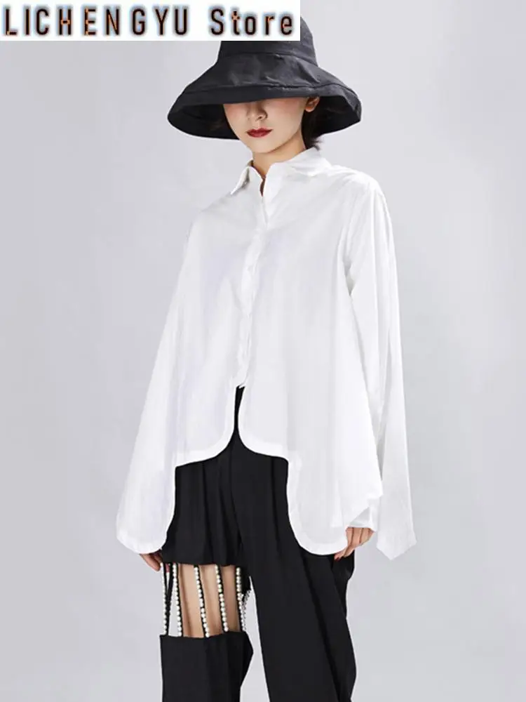 Women Pleated Big Size Irregular Blouse Lapel Long Sleeve Loose Fit Shirt Fashion Tide Spring Autumn