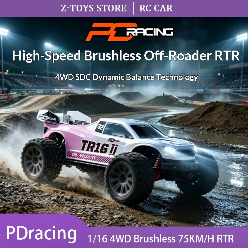 PDracing TK16 TR16 1/16 RC Monster Truck 4WD Brushless 75KM/H All Terrain RTR with 2.4GHz Radio LED Lights for Beginner