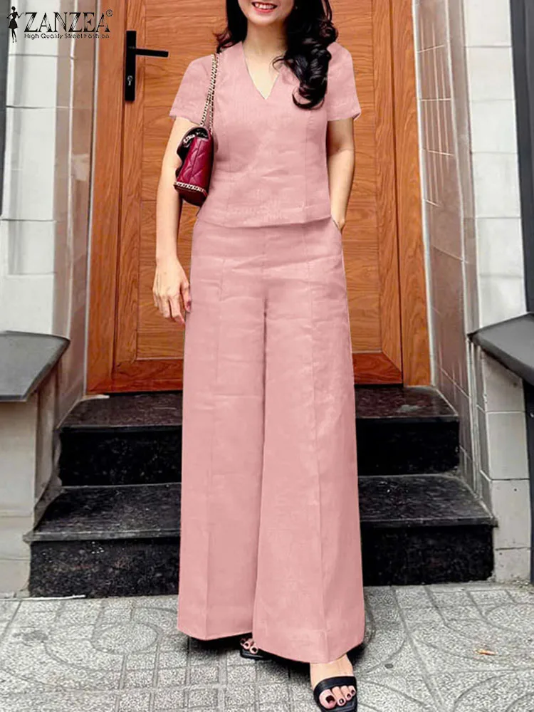 

ZANZEA, женские летние комплекты из 2 предметов, элегантная блузка с короткими рукавами, брюки, повседневные однотонные рабочие спортивные костюмы, модные одинаковые комплекты 2023 г.