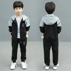 Contrast Kids Jogger Set Baby Boys Workout Fleece Hoodie+Elastic Sweatpant Sets Full Zip Hooded Child Tracksuit for 4-14 Years