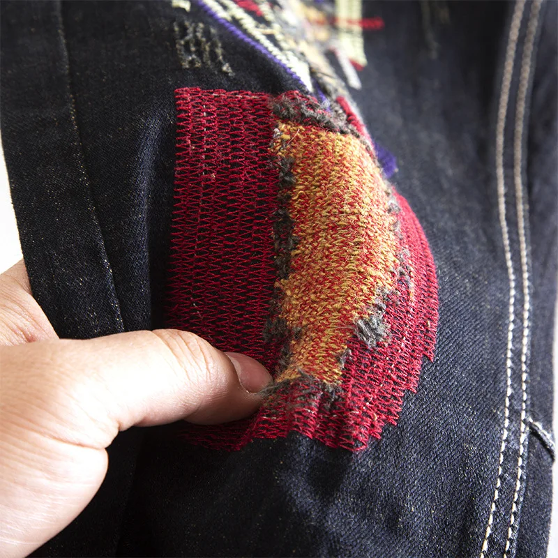 Ripped Patch Embroidered Floral Jeans Men Slim Fit Stretch Vintage High Street Retro Nostalgic Personality Trendy Long Pants