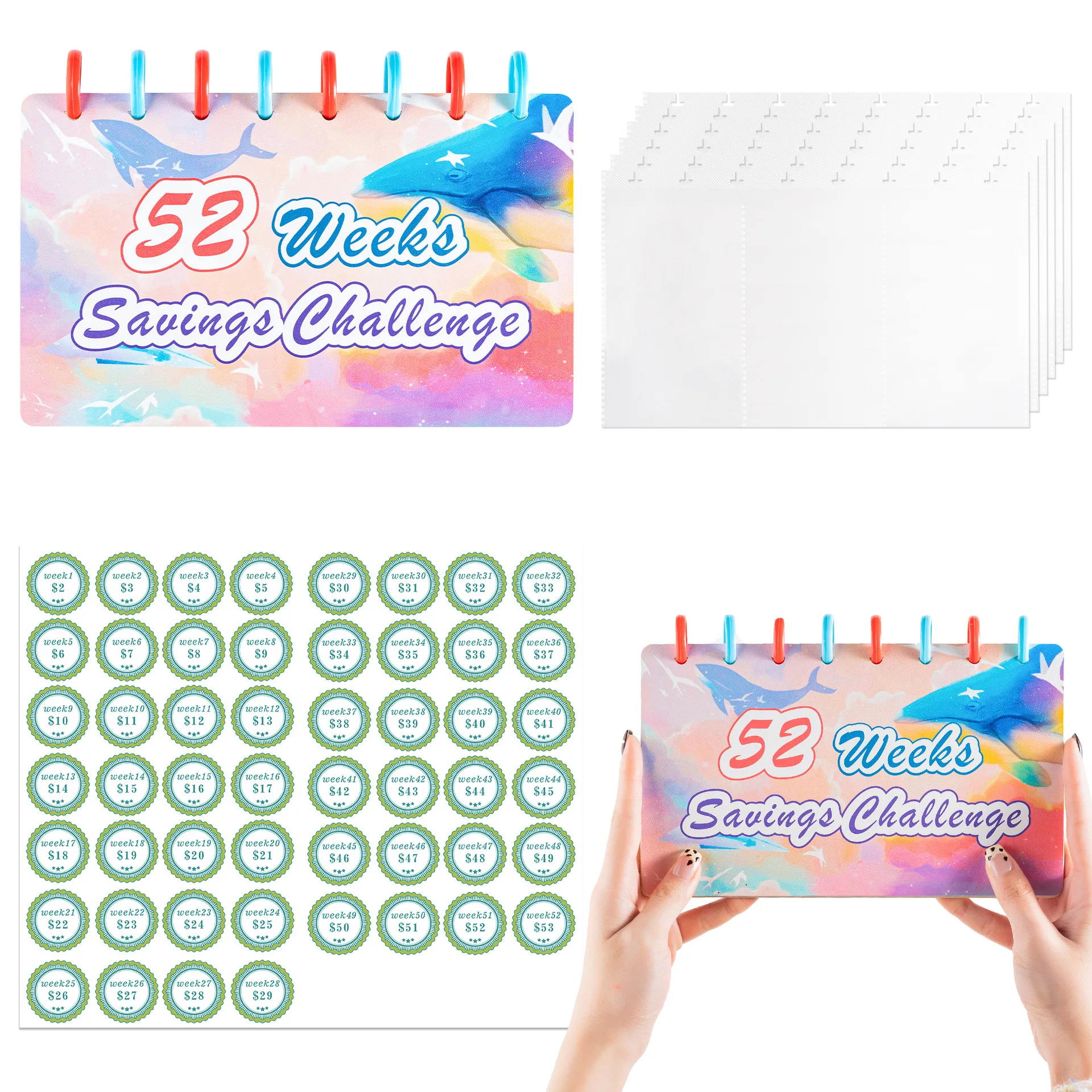 

Savings Binder 52 Week Savings Challenge, Money Binder for Saving,8-hole mushroom buckle Reusable Budget Binder Challenges