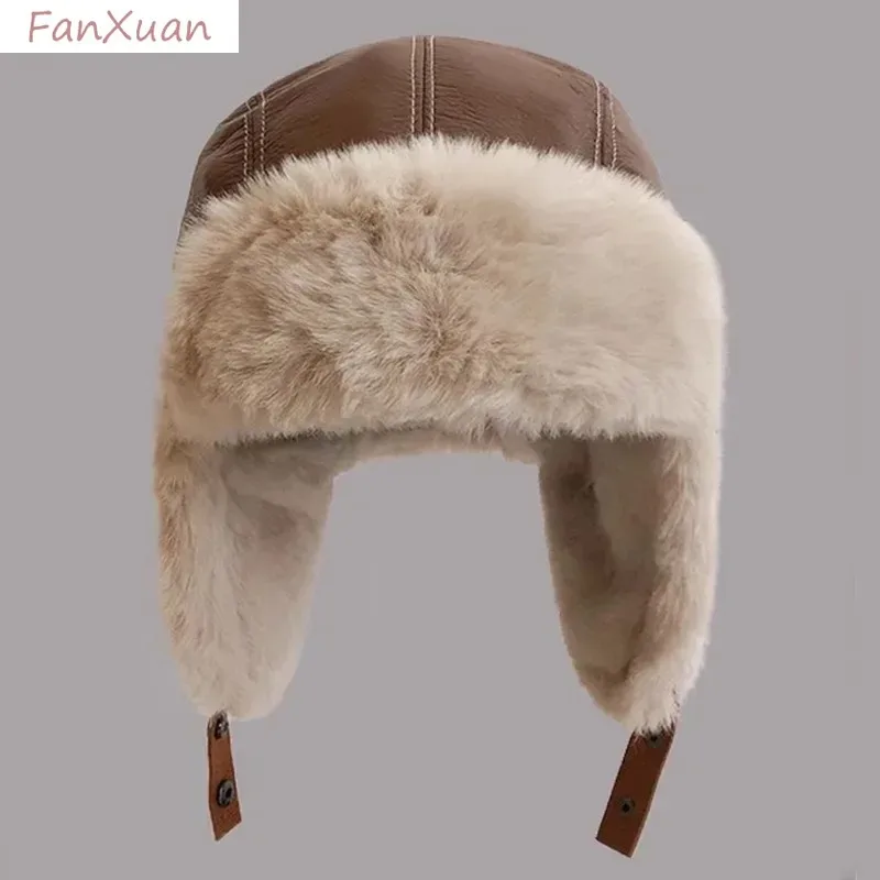 Winter Men Women\'s Pilot Aviator Bomber Trapper Hat Faux Fur Soft Leather Snow Cap with Ear Flaps Windproof Lei Feng Hat