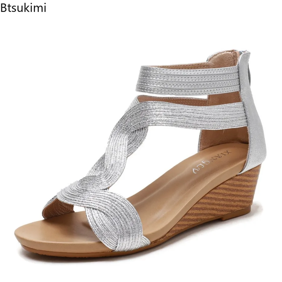 Fashion Bohemia Style Women Sandals Summer Wedge Heel Roman Shoes Ladies Outdoor Casual Sandals Comfy High Heel Shoes Plus Size
