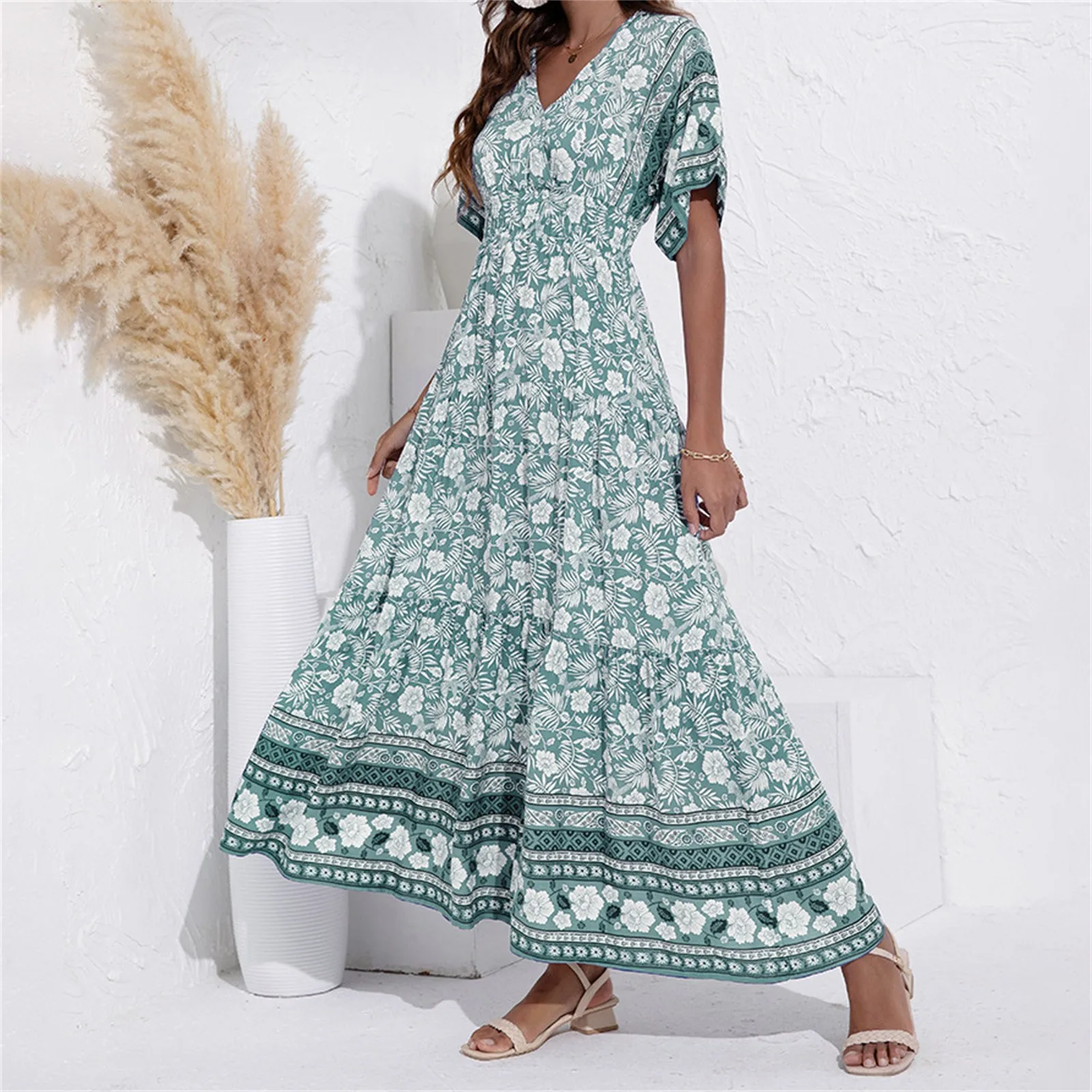 

Boho Flower Print Flowy Maxi Dress Holiday Beach Long Dresses Women 2024 Bohemia Retro Elegance Short Sleeve V Neck Slim Vestido