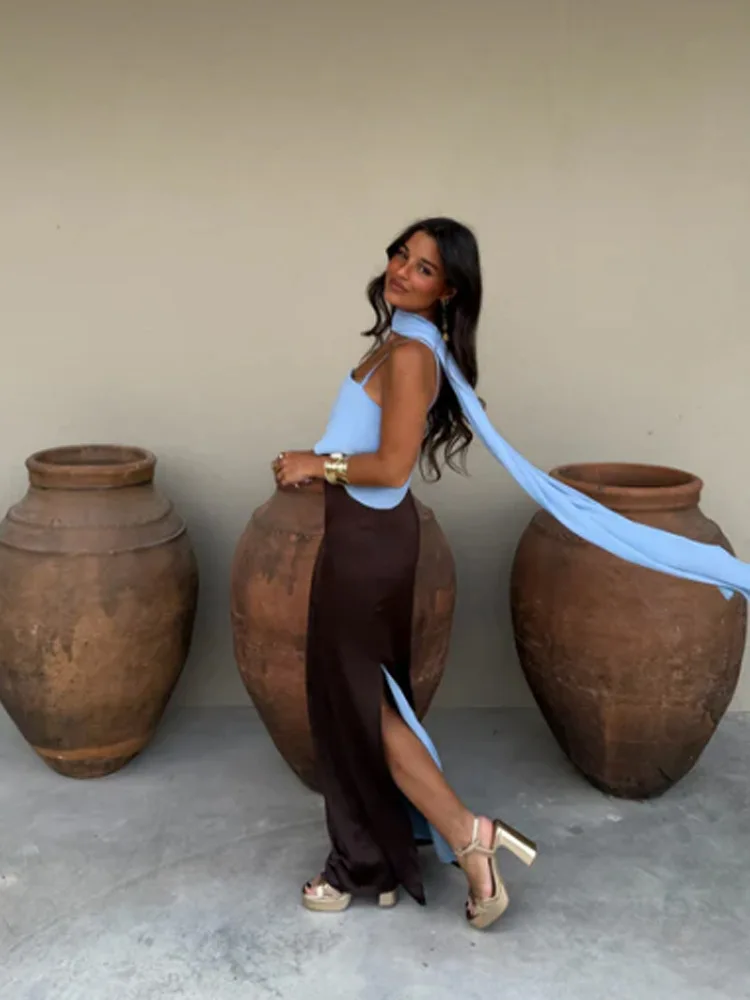 Modisches Kontrast-Sling-Kleid für Damen mit Quadratischem Ausschnitt, Ärmellos, Hoher Taille, Schlankes Maxikleid mit Schal, Sommer 2026, Party-Robe – Detail 8