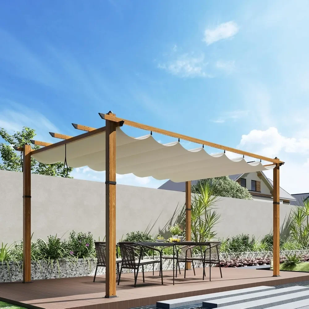 

10x13 Ft Outdoor Retractable Pergola with Sun Shade Canopy, Heavy-Duty Aluminum Canopy Pergola Kits for Backyard, Faux Wood