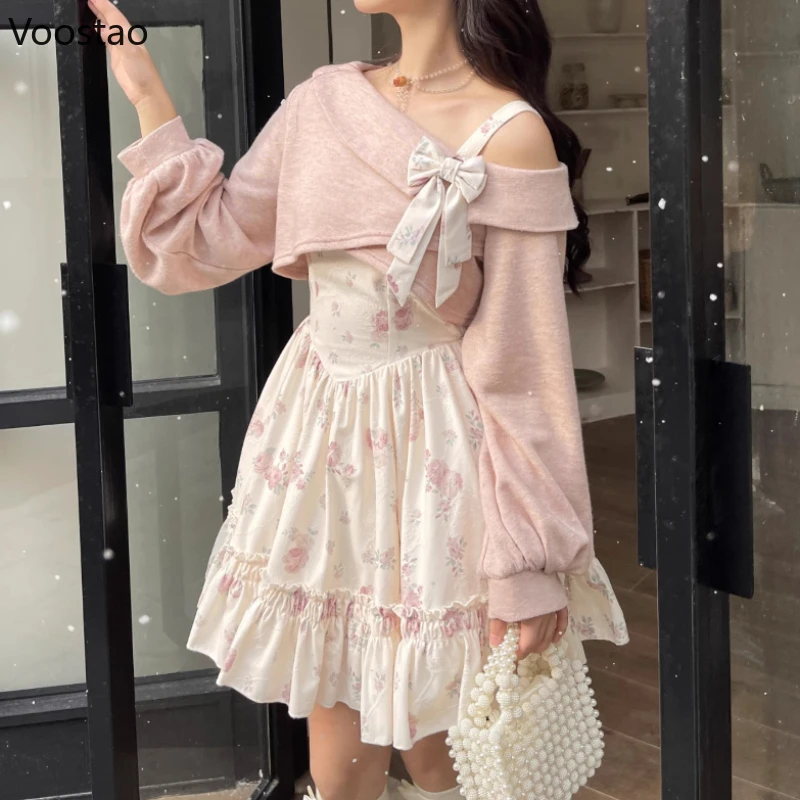 Zoete Lolita-stijl 2-delige jurkset Dames Roze strik Gebreide jas Kawaii Bloemen Mini-jurk Vrouwelijke Koreaanse mode Strandfeestpak