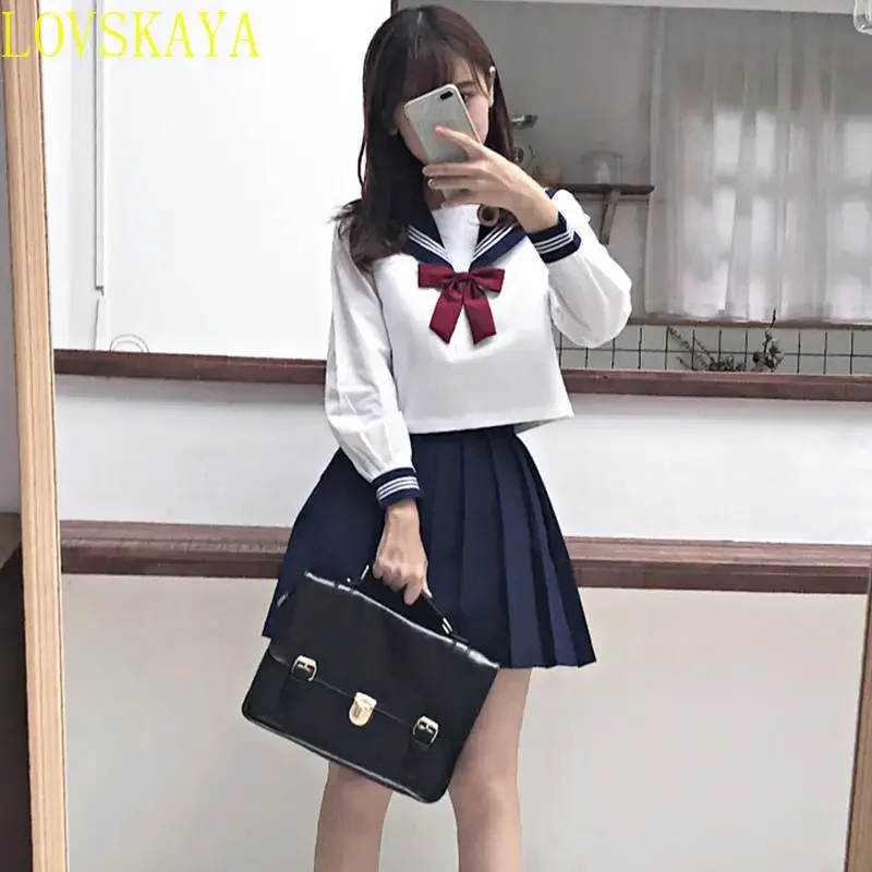 

Student girl school uniform, girl navy blue clothing, women's sexy navy blue JK suit, sailor flower pleated skirt