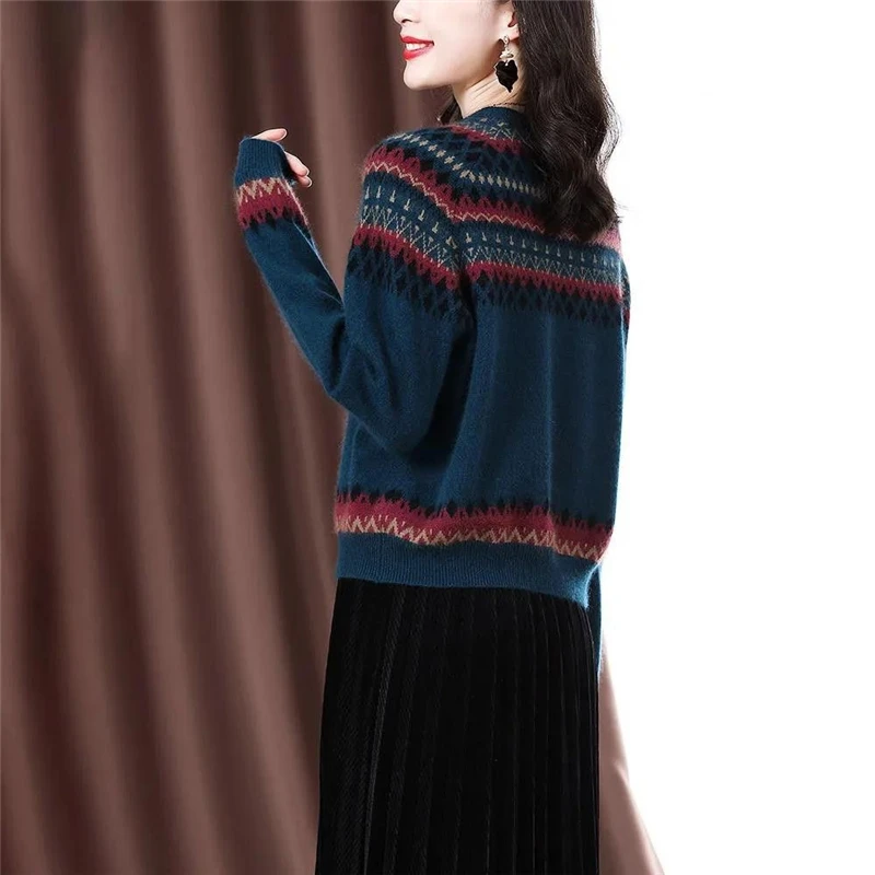 Vintage Korean Simple Printed Knitted Sweater Women Autumn Winter Casual Street O Neck Long Sleeve Pullover Top Female Clothing