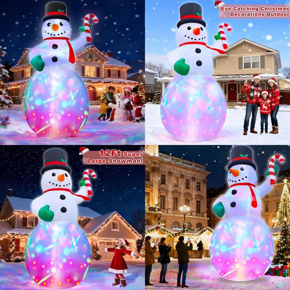 

Giant 12x6ft Inflatable Snowman with Candy Cane and Colorful Rotating Lights for Outdoor Christmas Decor