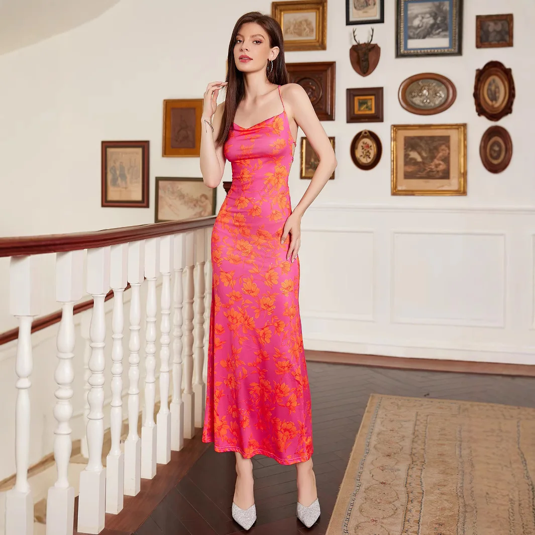 

Новое тонкое элегантное облегающее длинное платье с принтом на бретельках, японское винтажное летнее платье 2025 года, халат, женское вечернее элегантное платье