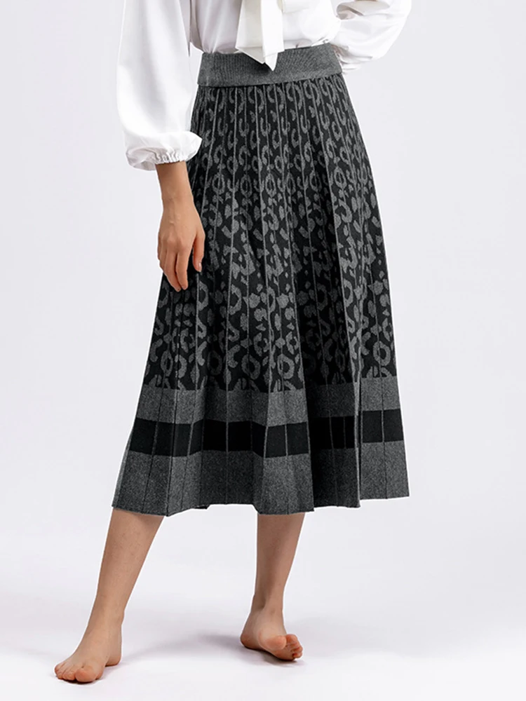 Outono e inverno nova saia midi de malha contrastante com estampa de leopardo retrô para mulheres, estilo médio a longo