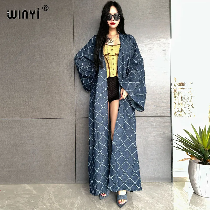 WINYI Africa fashion coat for women Loose OverCoat autumn Checked jacquard denim long down coat swimsuit cover up winter kimono