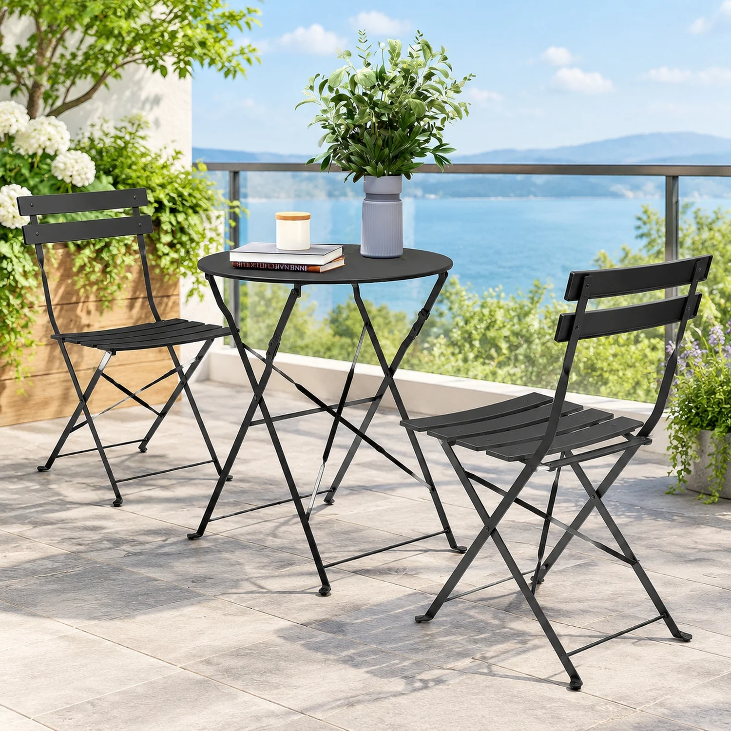 3 Piece Folding Patio Bistro Set for Outdoor Balcony, Steel Frame, Foldable Table and Chairs, Folding Outdoor Patio Furniture