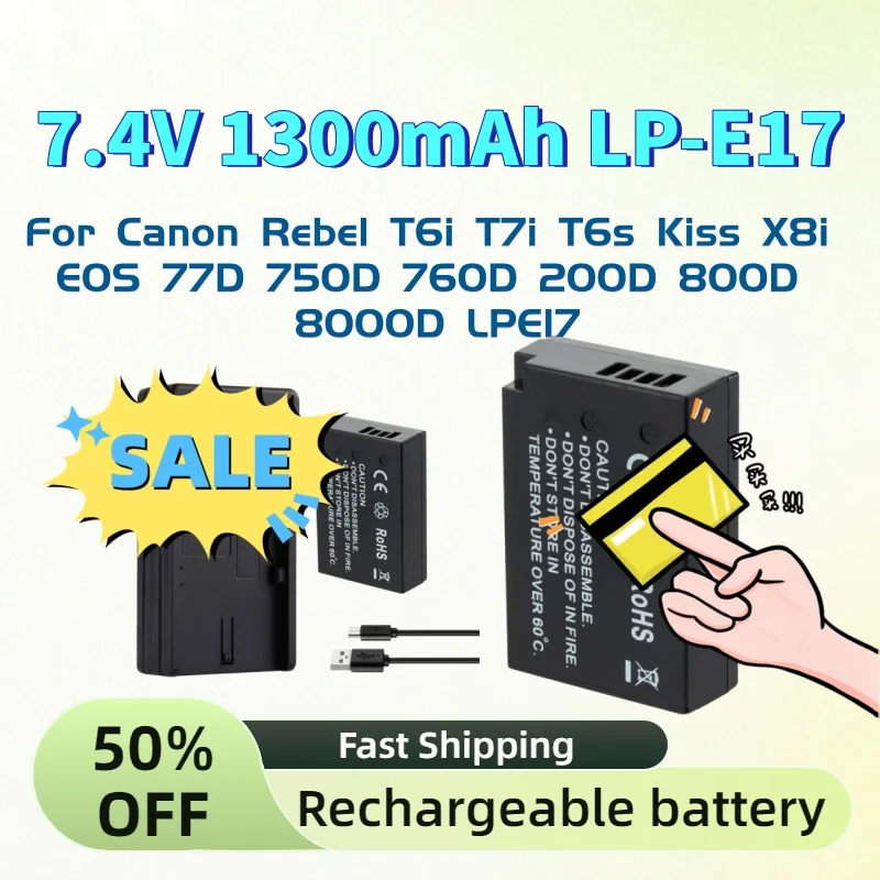 

For Canon Rebel T6i T7i T6s Kiss X8i EOS 77D 750D 760D 200D 800D 8000D LPE17 7.4V 1300mAh LP-E17 Camera Battery Charger