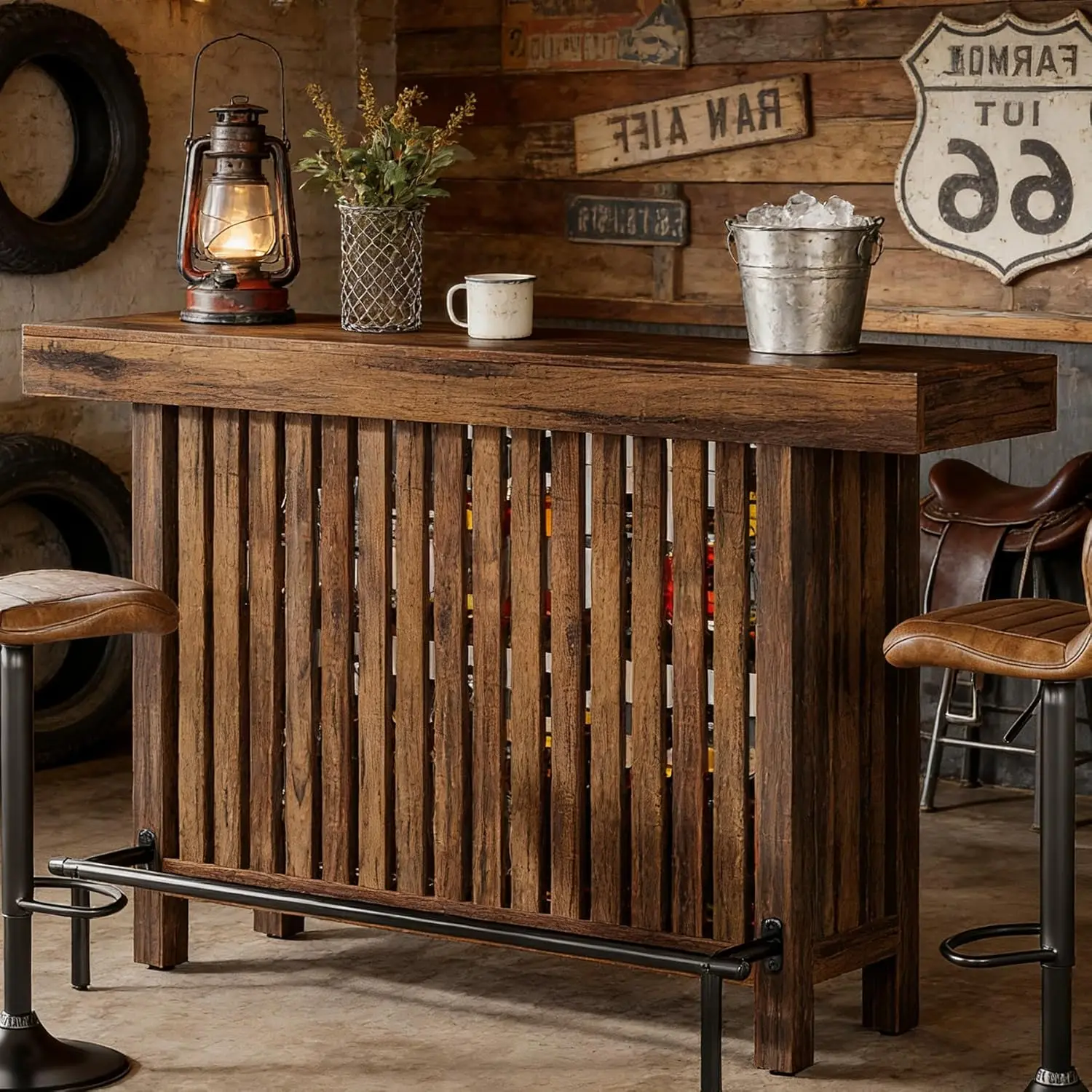 Mesa de Bar de 63 Pulgadas de Altura con Reposapiés, Estante de Almacenamiento de 2 Niveles, Color Marrón Rústico, Isla de Cocina, Pub, Comedor, Sala de Estar, Personalizable
