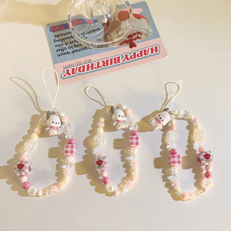 Kawaii Sanrio Pochacco Pink Flower Beaded Phone Chain Girl Cartoon Bracelet CCD Camera Chain Backpack Pendant Decoration Gifts