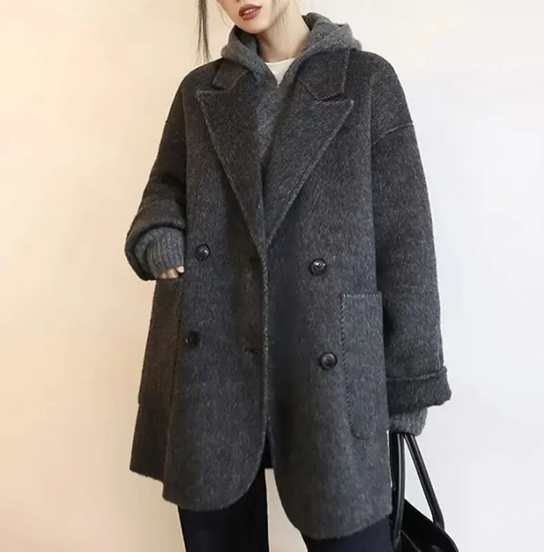 

Wool Blend Coats Womens Woolen Coat Print Fall Velvet Stand-Up Collar Sashed Elegant Mature Classical Style Office Lady Overcoat