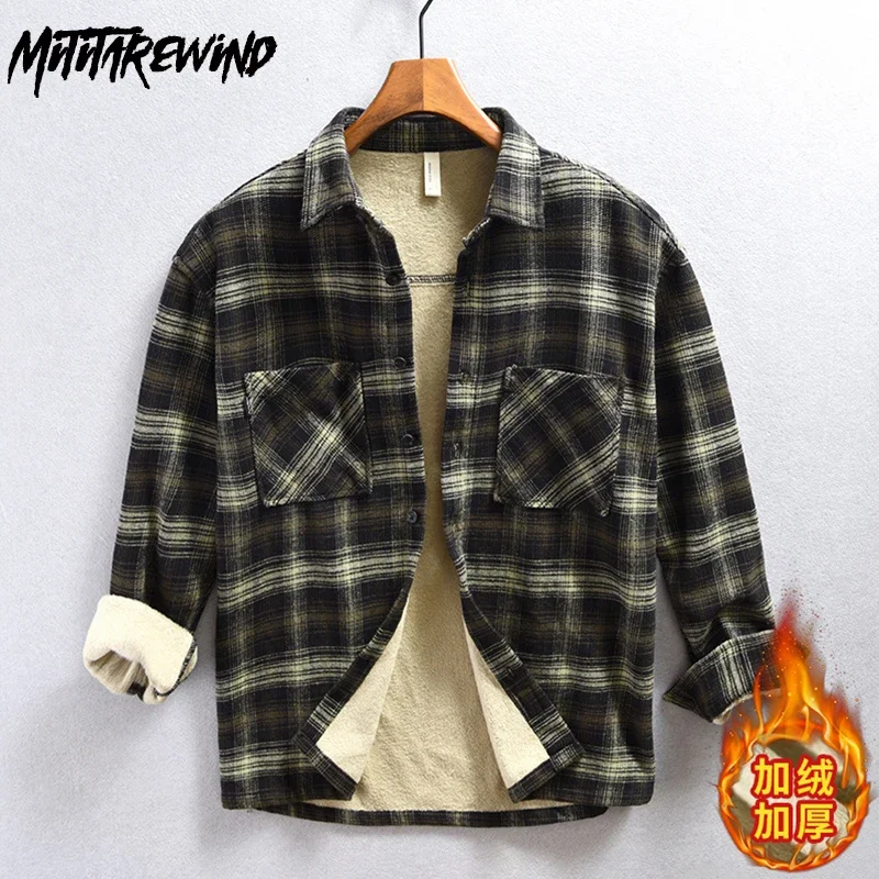 Winter Mens Shirt Japanese Vintage Long Sleeve Plaid Shirt Lapel Fleece Shirt with Pocket Keep Warm Top Daily Casual Shirts Man