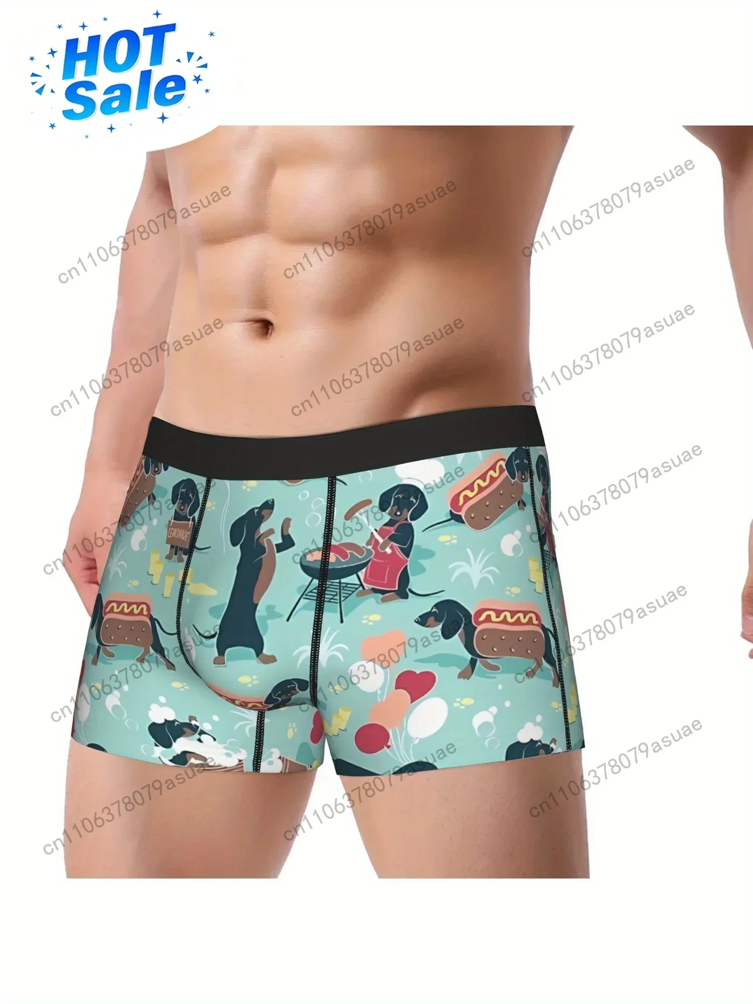 [Whimsical Boxer Briefs] 1pc Men's Boxer Briefs with Fun Dachshund Hot Dogs & Lemonade Print - Aqua Green Background Navy & Bro