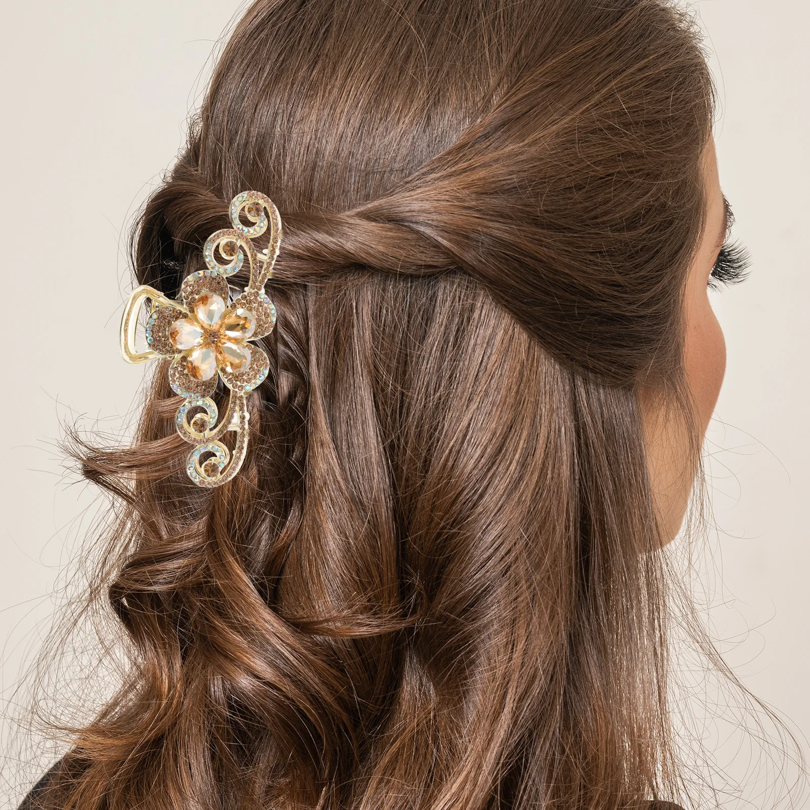 

Прочная большая заколка-краб для женщин, двусторонняя, из сплава, с цветком из страз, надежная фиксация, аксессуар для причесок, заколки-крабы для волос