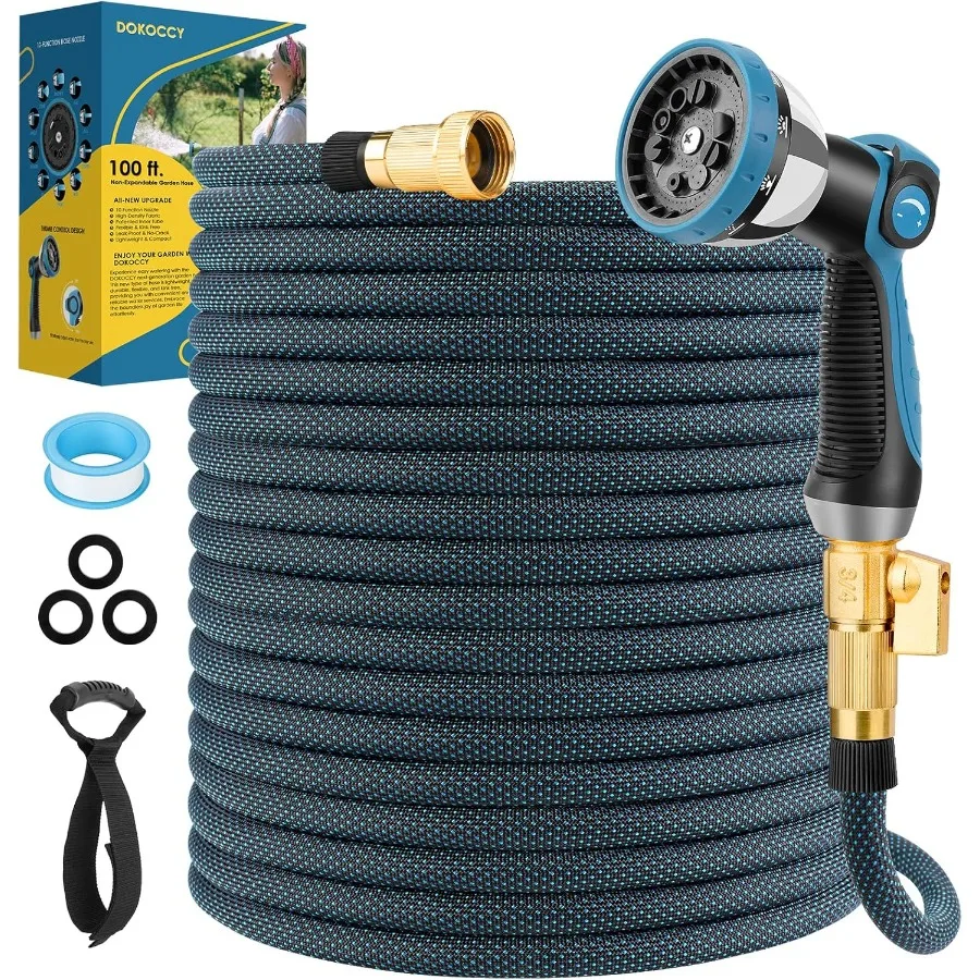 

NonExpanding Garden Hose 100 ft Flexible Water Hose with 10 Function Spray Nozzle for Outdoor Yard Irrigation Lightweight Hose