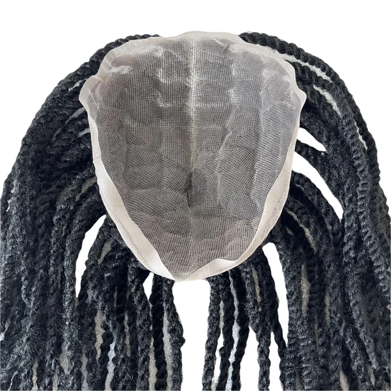 Penggantian Rambut Manusia Perawan Peru # 1 Warna Hitam Jet 12 inci Kepang Putar Afro Unit Renda Penuh Rambut Palsu untuk Pria Kulit Hitam