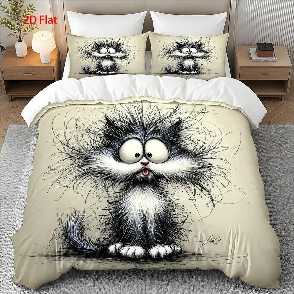 2D ultra-soft digital print duvet cover set, includes three-piece set with pillowcase and duvet cover, black and white fluffy kitten design, does not include filling, the fabric is soft and comfortable, suitable for bedrooms, hotels, famous hotels, and school dormitories. 1*duvet cover + 1/2 pillowcase