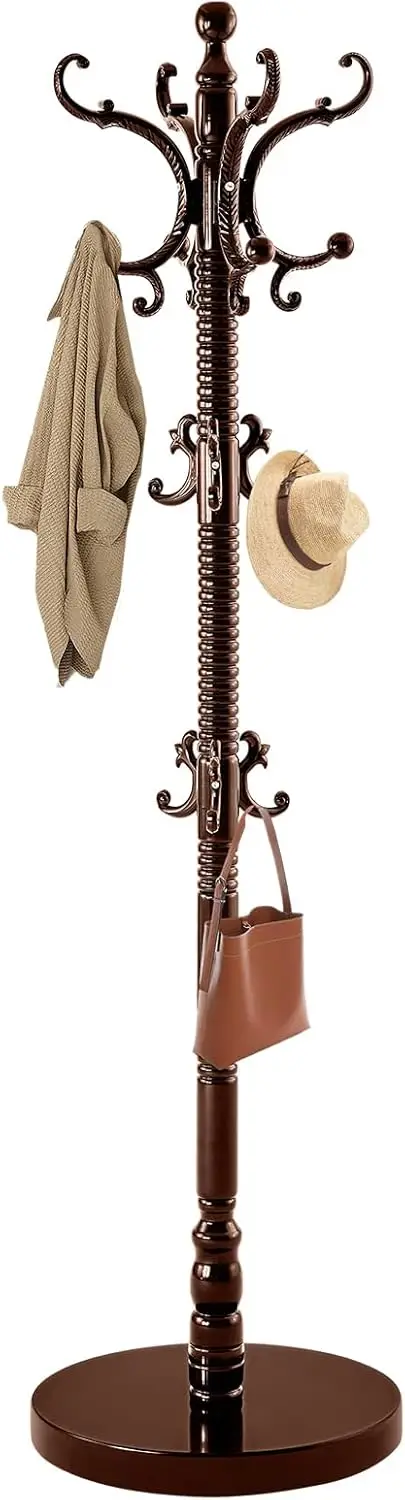 

Solid Wood Coat Rack Stand with 14 Hooks for Entryway, Office, Corner