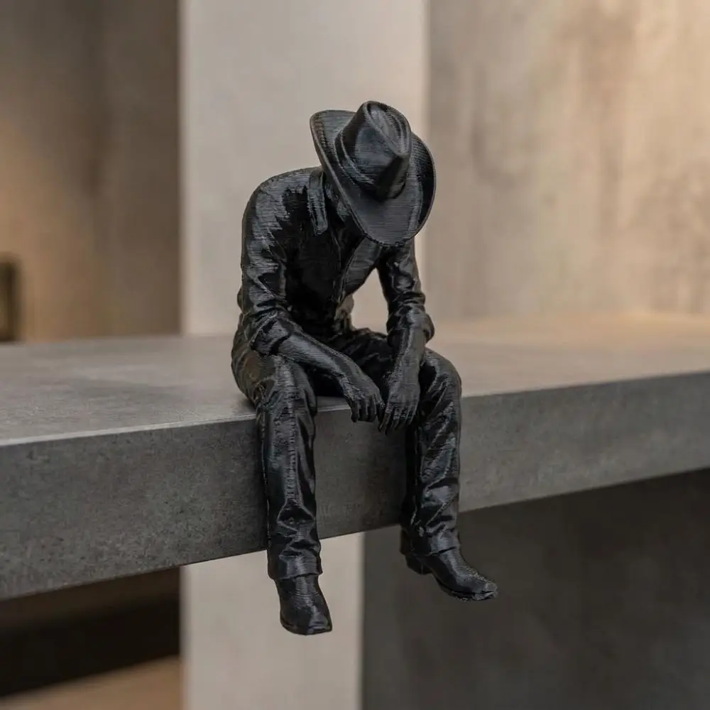 Western Style Sad Sitting Cowboy Sculpture Pensive 3D Printed Hanging Head Cowboy Statue Lonely Vintage Cowboy Figurine Ornament
