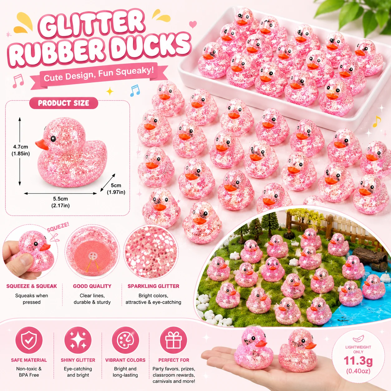 10-100 Mini Pink Glitter Rubber Ducks Bath Toys, Bathtub Floating Squeaky Duck Bulk Baby Preschool Bath Toy for Baby Shower