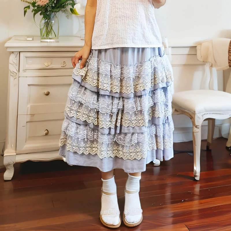 Harajuku หวานญี่ปุ่น Fairy Multi-Layer ลูกไม้กระโปรงเสื้อผ้าผู้หญิงสีฟ้า Patchwork เค้กกระโปรงหญิงครึ่ง Kawaii กระโปรง A072