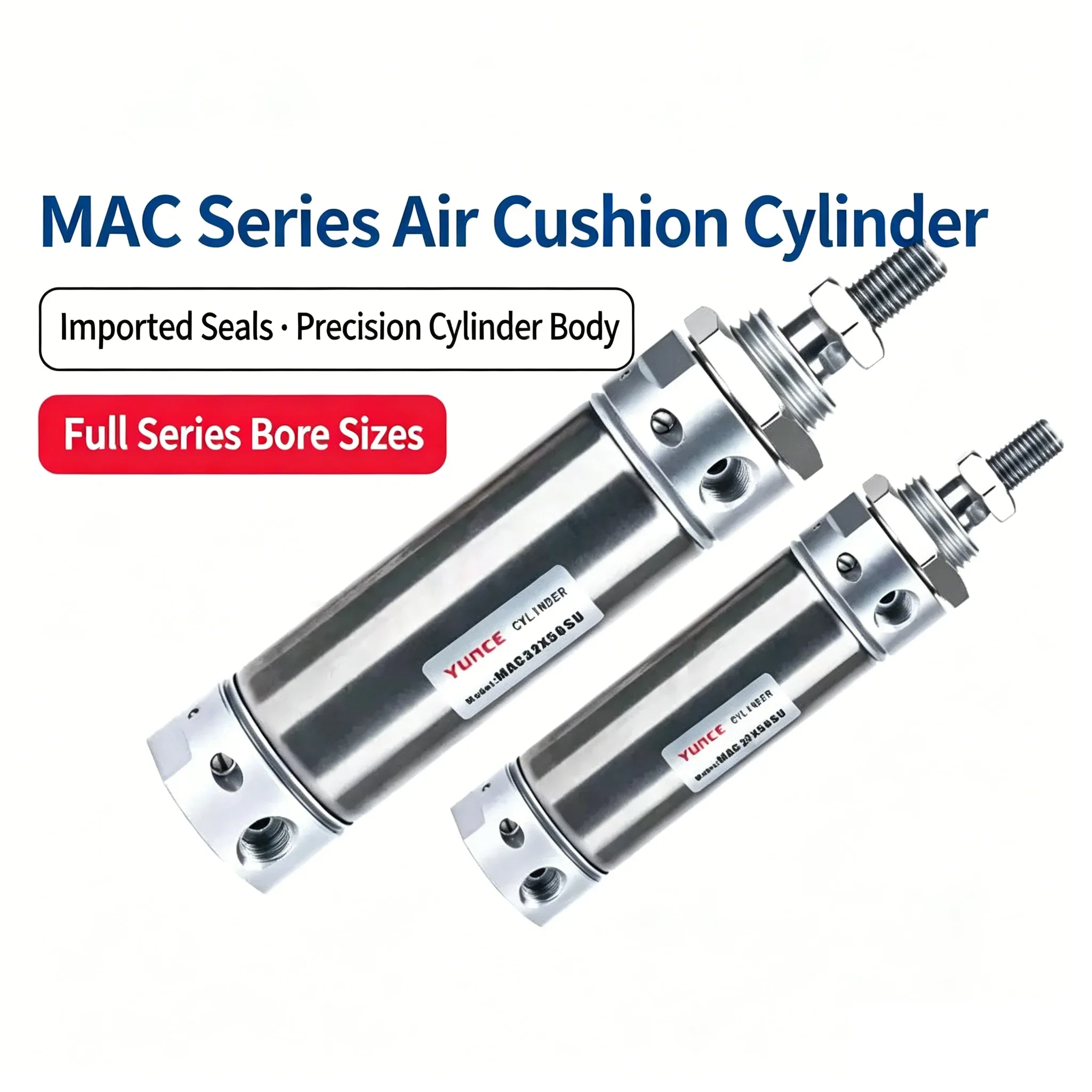 HLH MAC Stainless Steel Mini Cylinder 16/20/25/32/40mm Bore Flat Tail 10-450mm Stroke With Magnetic Ring Air Buffering Cylinders