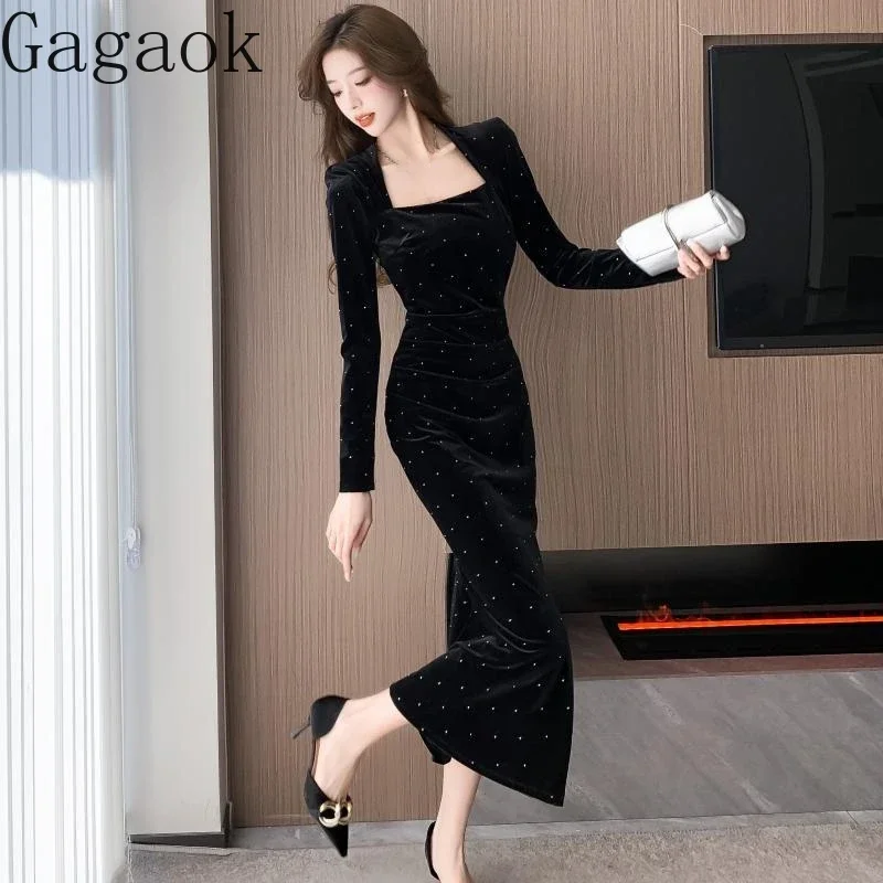 Gagaok Elegant Black Dress 2024 Autumn French Fashion Square Collar Velvet Bodycon Dresses Women Slimming Vestidos Femme