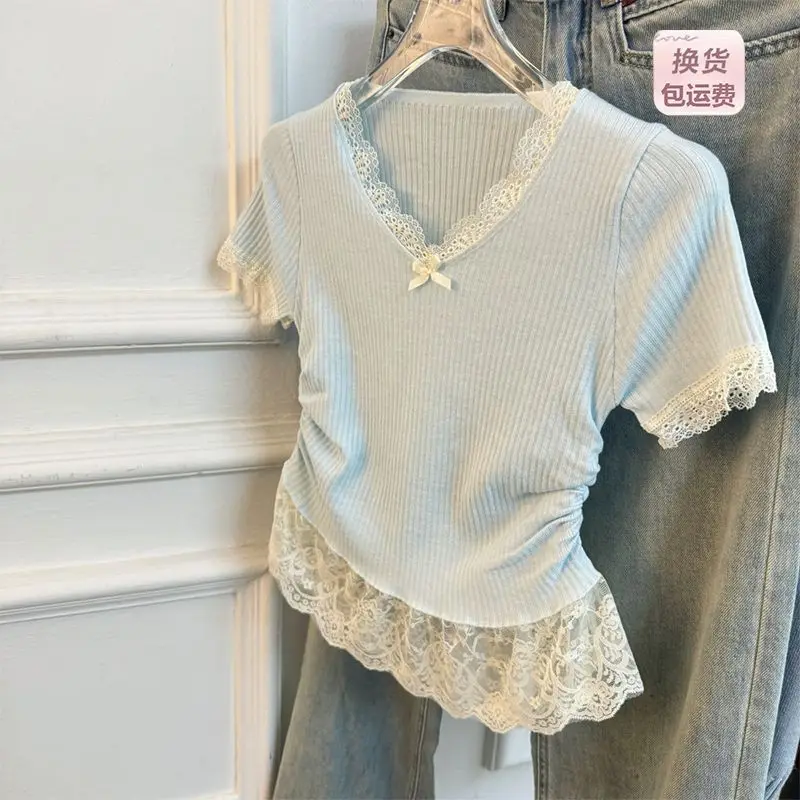 Sweet Bow Lace Patchwork Fake Two Pieces Tops Summer New Short Sleeve V Neck Youth Korean T Shirts Fashion Trend Women Clothing