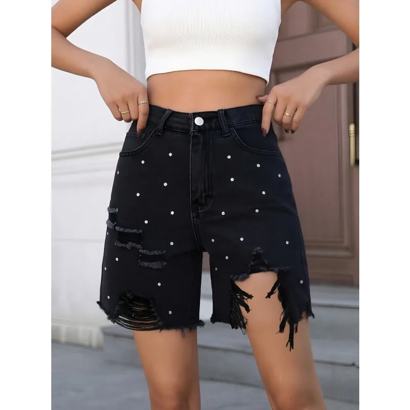 Shorts Bermuda de Mezclilla Negros para Mujer con Pedrería, Desgastados y Rotos, de Corte Holgado
