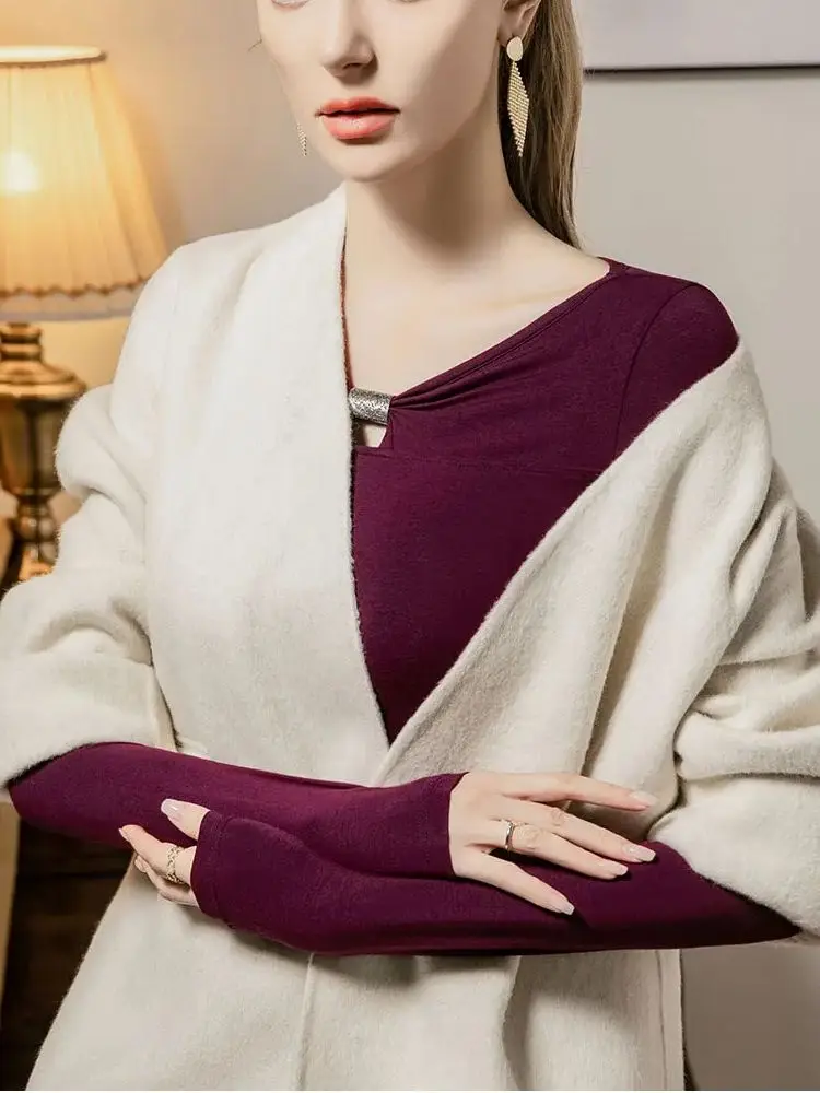 여성 모달 T 셔츠 새로운 패션 중공 V 넥 탑 한국 캐주얼 긴 소매 T 셔츠