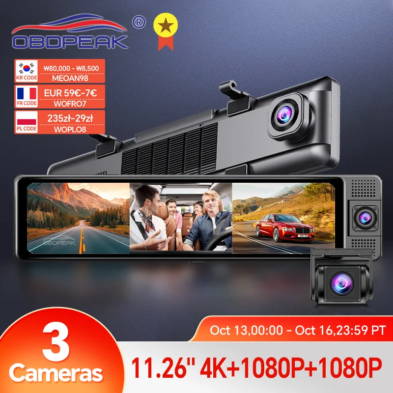 Cámara de salpicadero H330, espejo retrovisor de 3 canales, parte delantera interior trasera, 4K + 1080P + 1080P, WiFi, GPS, lente Dual, cámara Dvr para coche, visión nocturna infrarroja