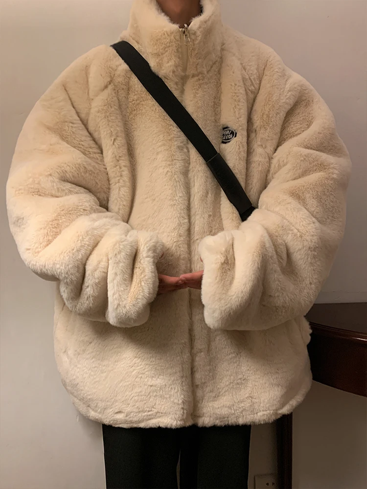 2025 الشتاء الرجال عكسها الصوف مبطن سميكة صوف الضأن معطف رمادي خمر فضفاض المشمش سترة قطن عادية #3