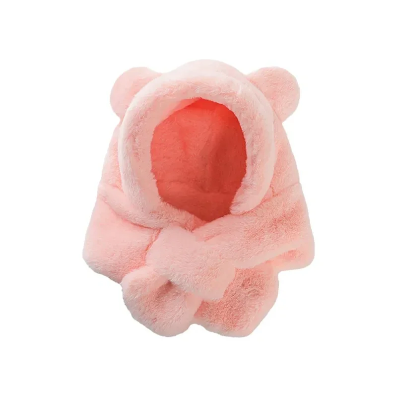 Winter Baby Hat Scarf One-Piece Faux Fur Kids Hats Cartoon Bear Warm Neck Ear Cap for Boys Girls Windproof Beanies Infant Stuffs