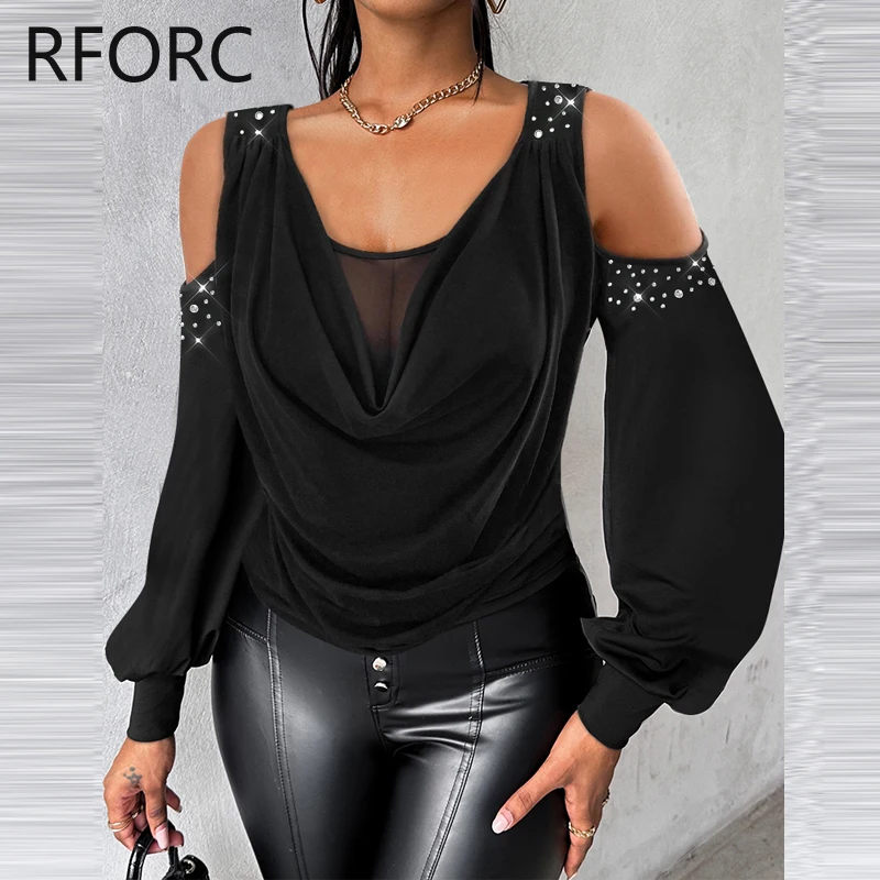 2023 Women Rhinestone Decoration Folds Hollow Out Causal Black Blouse Top