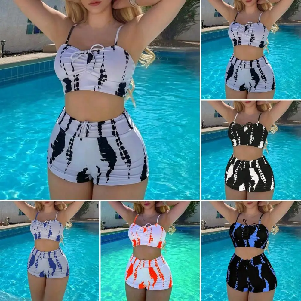 High Waist Swimsuit Contrast Color Lace-up Bikini Set with Push Up Spaghetti Straps High Waist for Women Quick Dry Beachwear