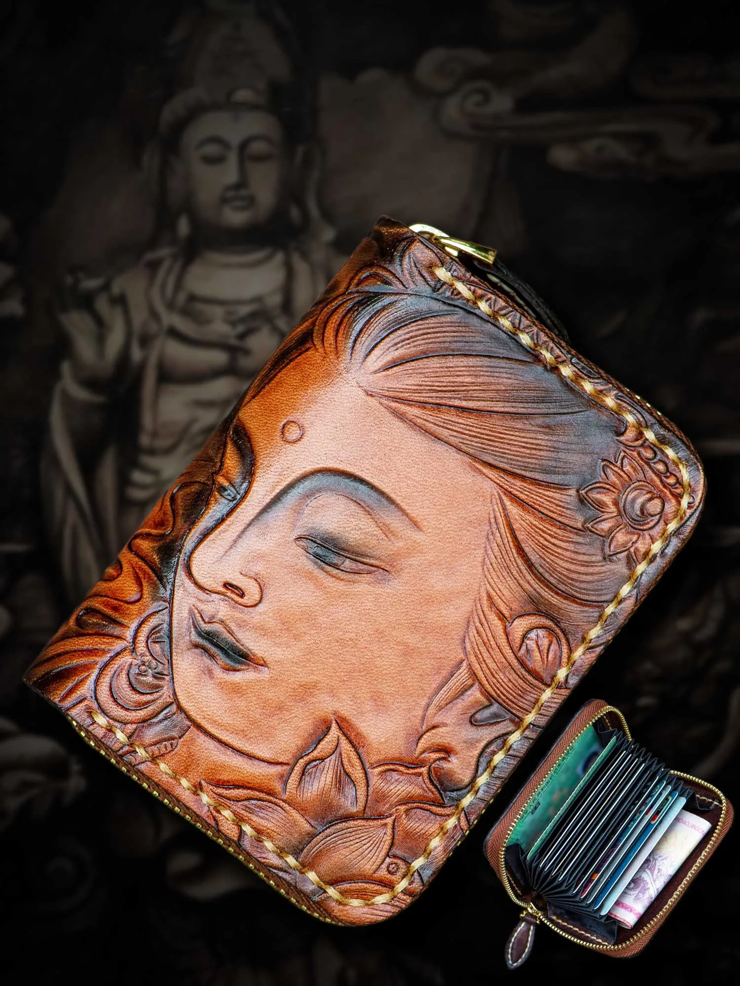 

Mini Purse Men Short Zipper Guanyin Brown Ladies Genuine Leather Card Holder Bag Coin Purses Carteira Wallets