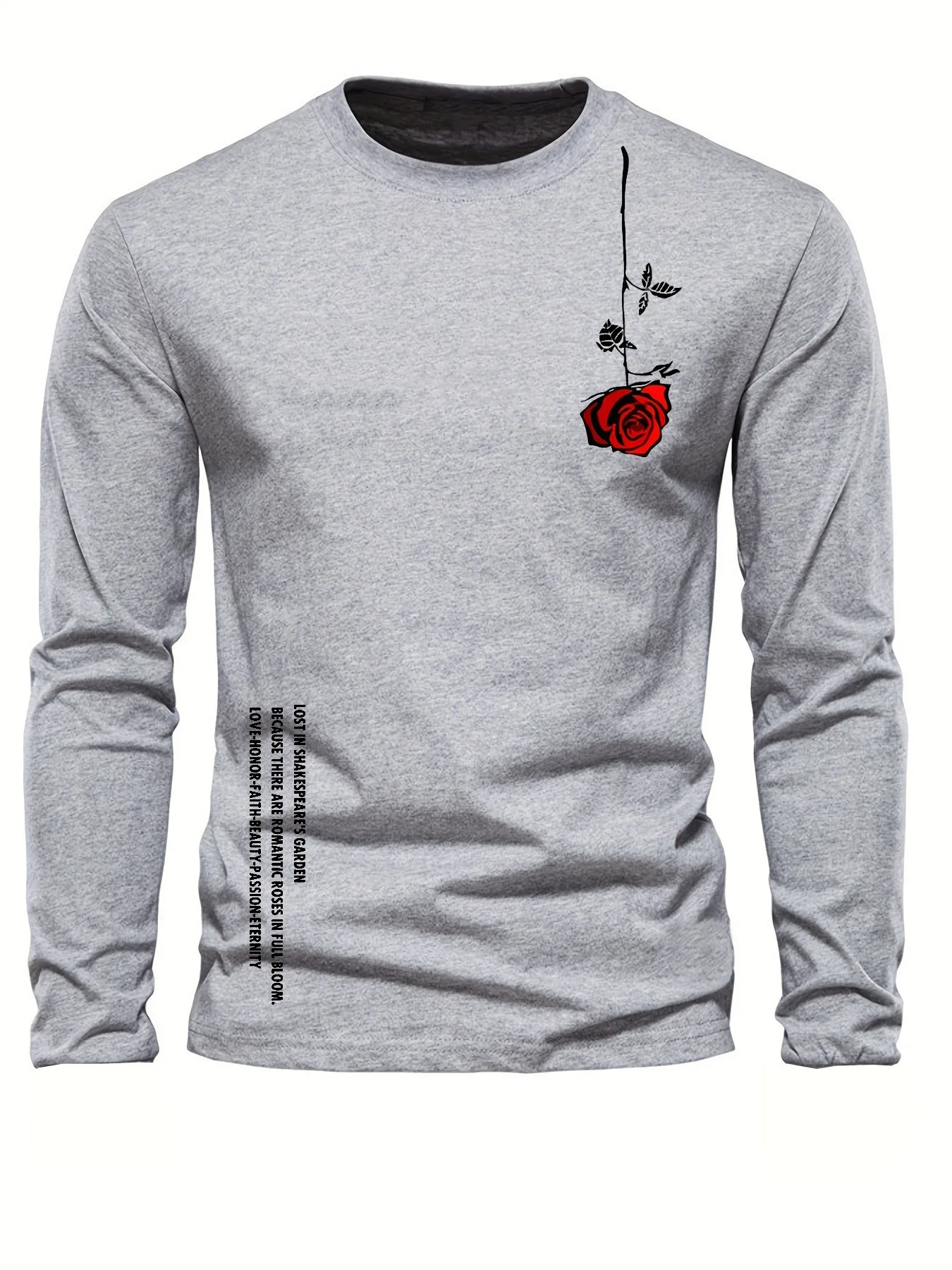 100% pure cotton men's long sleeved round neck loose casual rose letter printed spring and autumn versatile T-shirt top