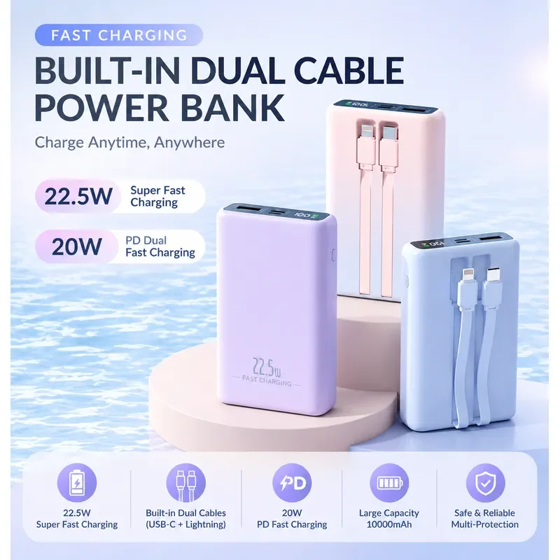 for Wholesale 20000mAh Fast Charging Power Bank with Double Cable Small Portable Large Capacity Mobile Power Supply Printed